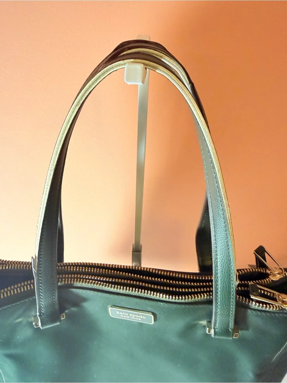 kate spade dark green tote with gold hardware
